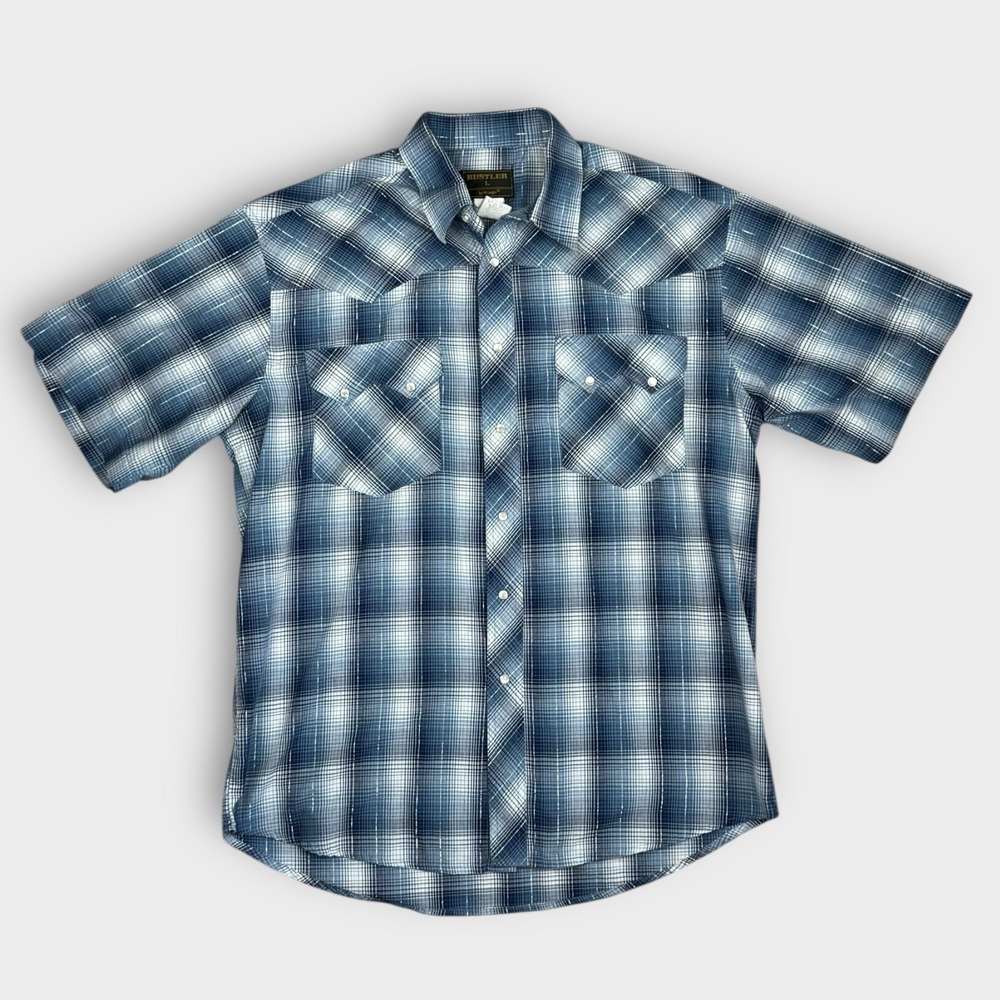 Rustler by Wrangler Mens Blue Plaid Short Sleeve Western Pearl Snap Shirt L